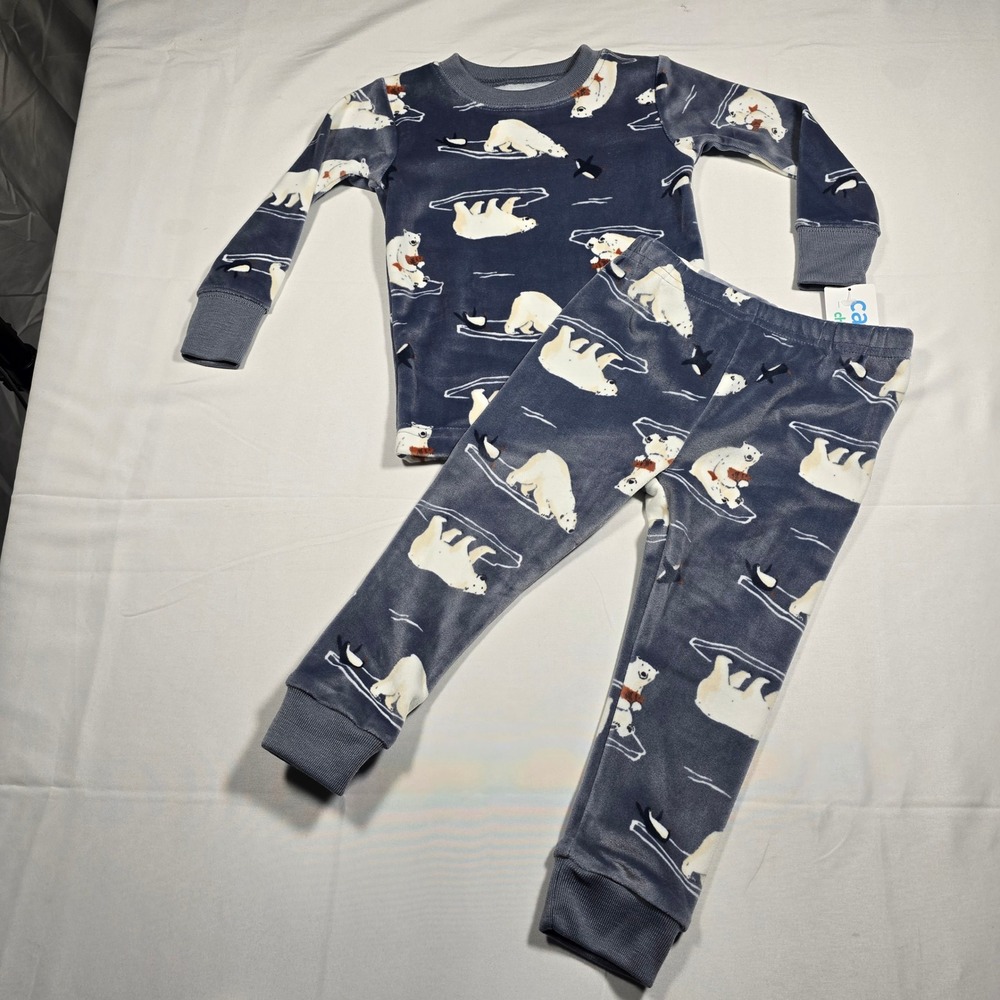 Carters 12Mo Boys Blue Polar Bear Penguin Fleece Pajama Set NWT